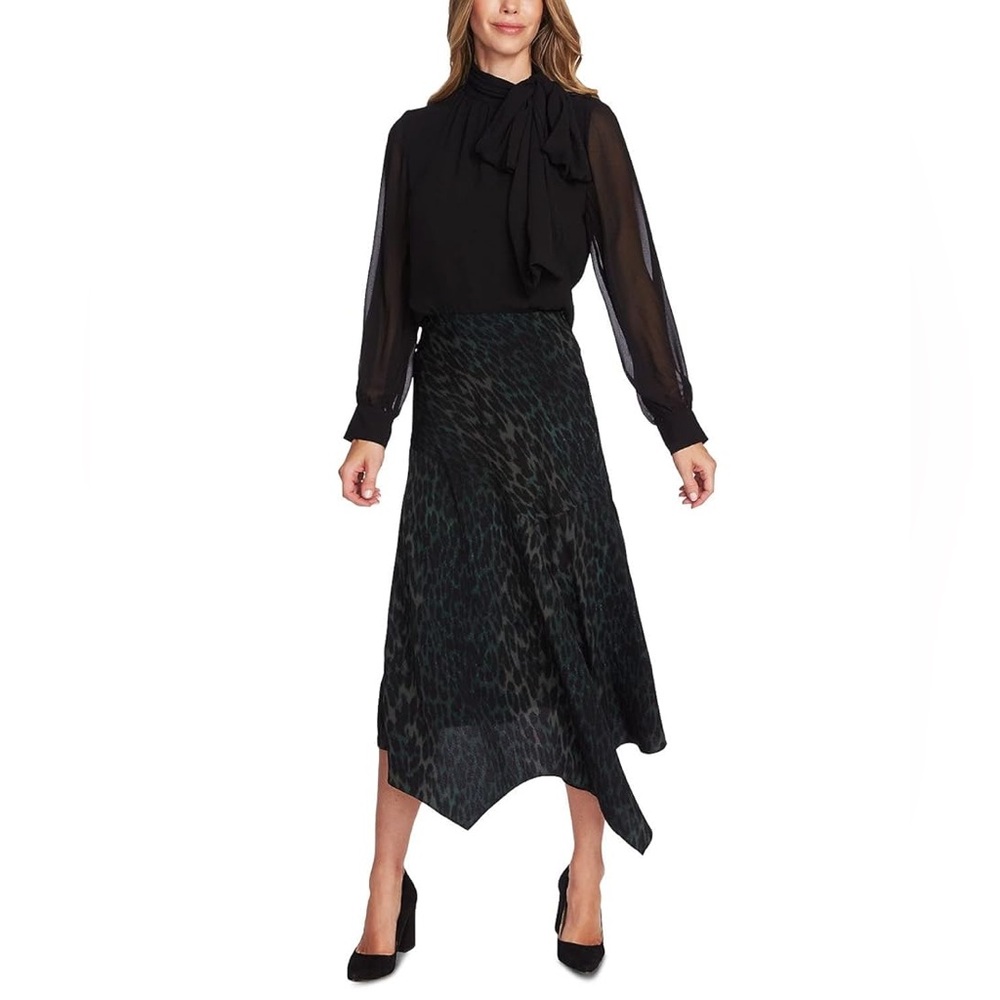 Vince Camuto Green and Black Animal Print Handkerchief Hem Midi Skirt